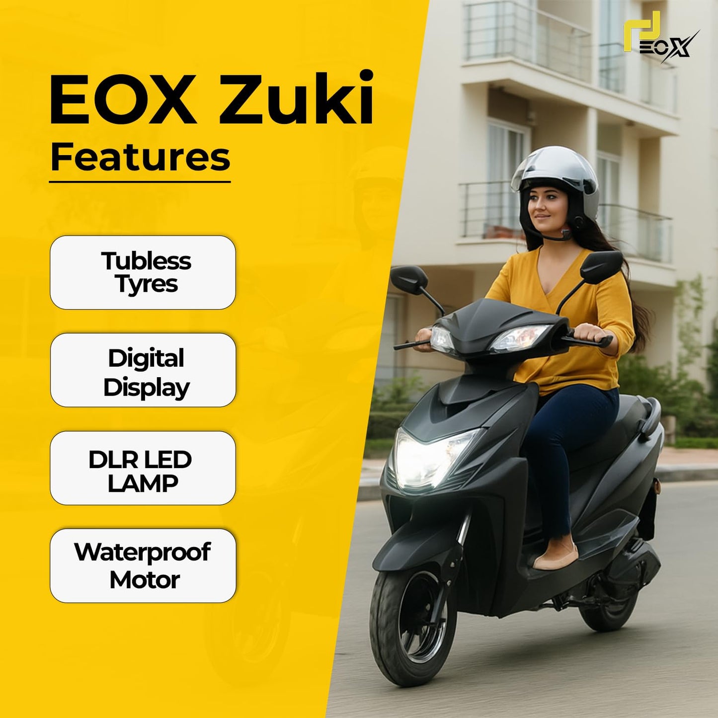 EOX Zuki Low Speed Electric Scooter Non RTO with 40-50Km Range, Portable Lithium Battery & Charger