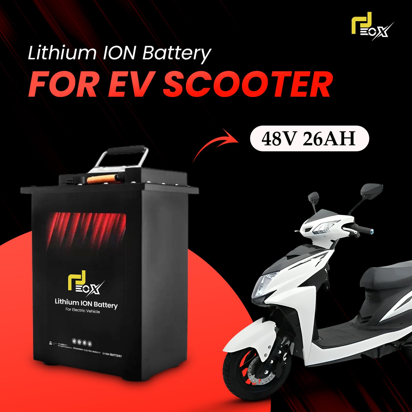 EOX 48V 26AH Lithium-Ion Battery Compatible with All Non-RTO Electric Scooters - Portable, Long Lasting, Lightweight, Fast Charging EV Battery with Upto 60KM Range