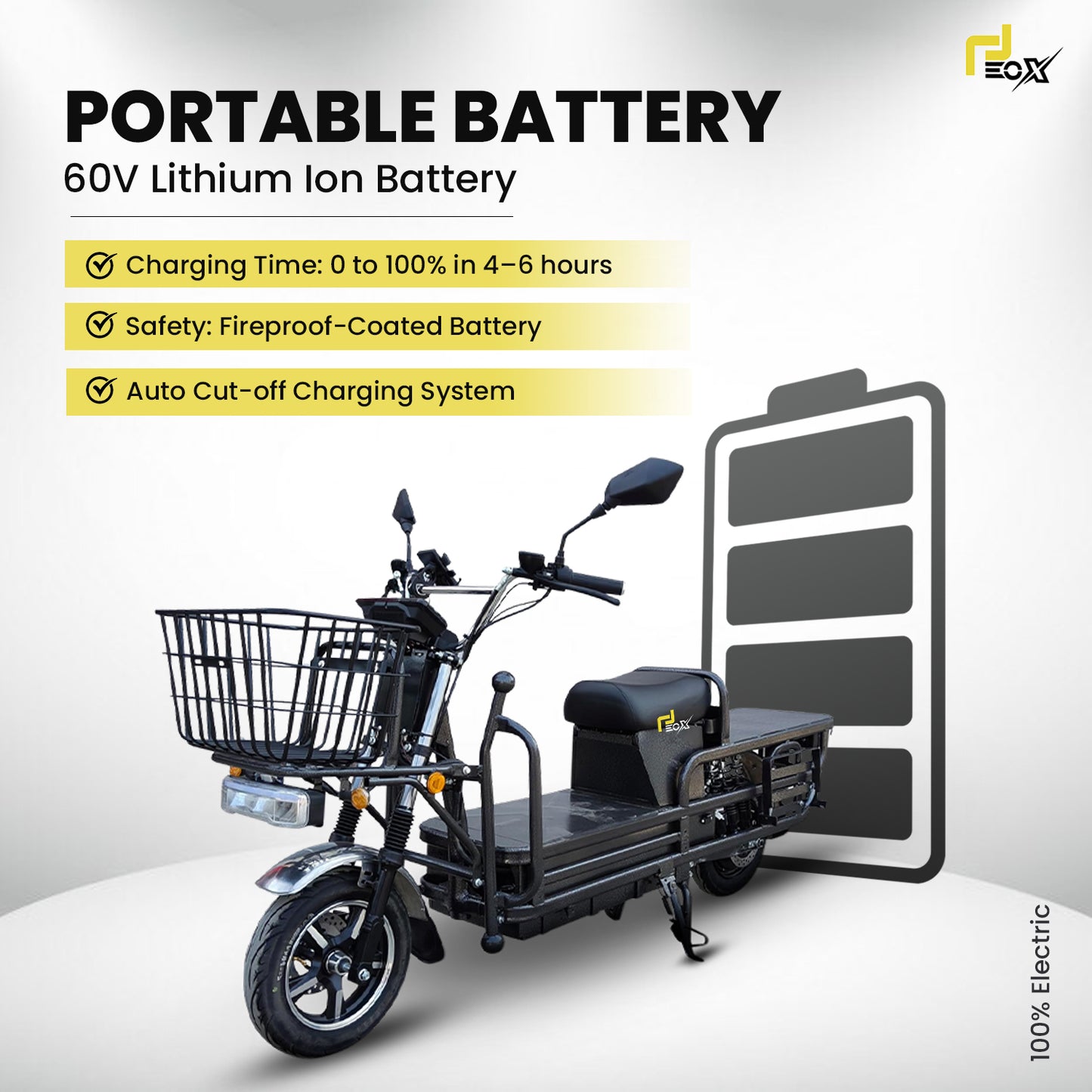 EOX E5 Plus Electric Cargo Scooter – 50–70 km Range, 25 km/h, 400 kg Capacity, Portable Lithium Battery