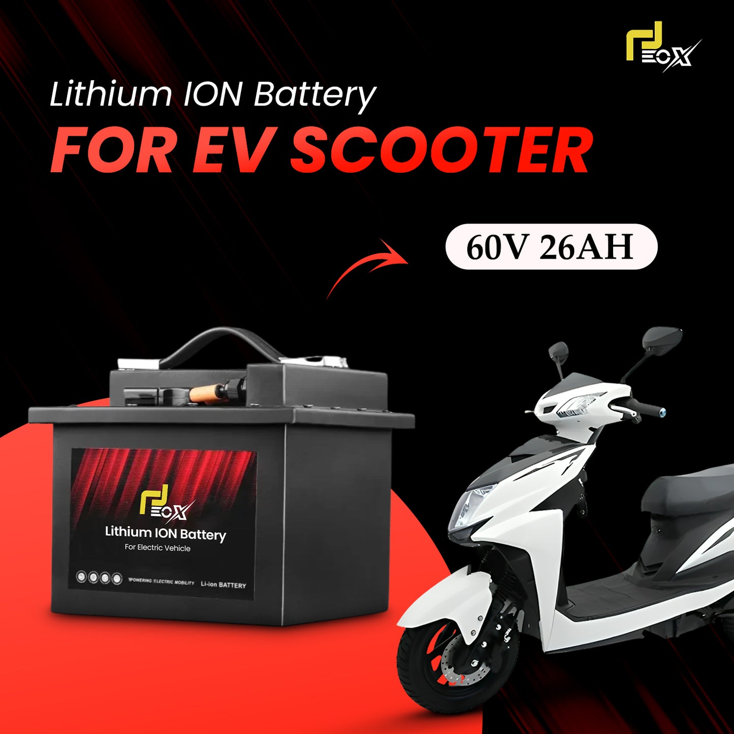 EOX 60V 26AH Lithium-Ion Battery Compatible with All Non-RTO Electric Scooters - Portable, Long Lasting, Lightweight, Fast Charging EV Battery with Upto 60KM Range