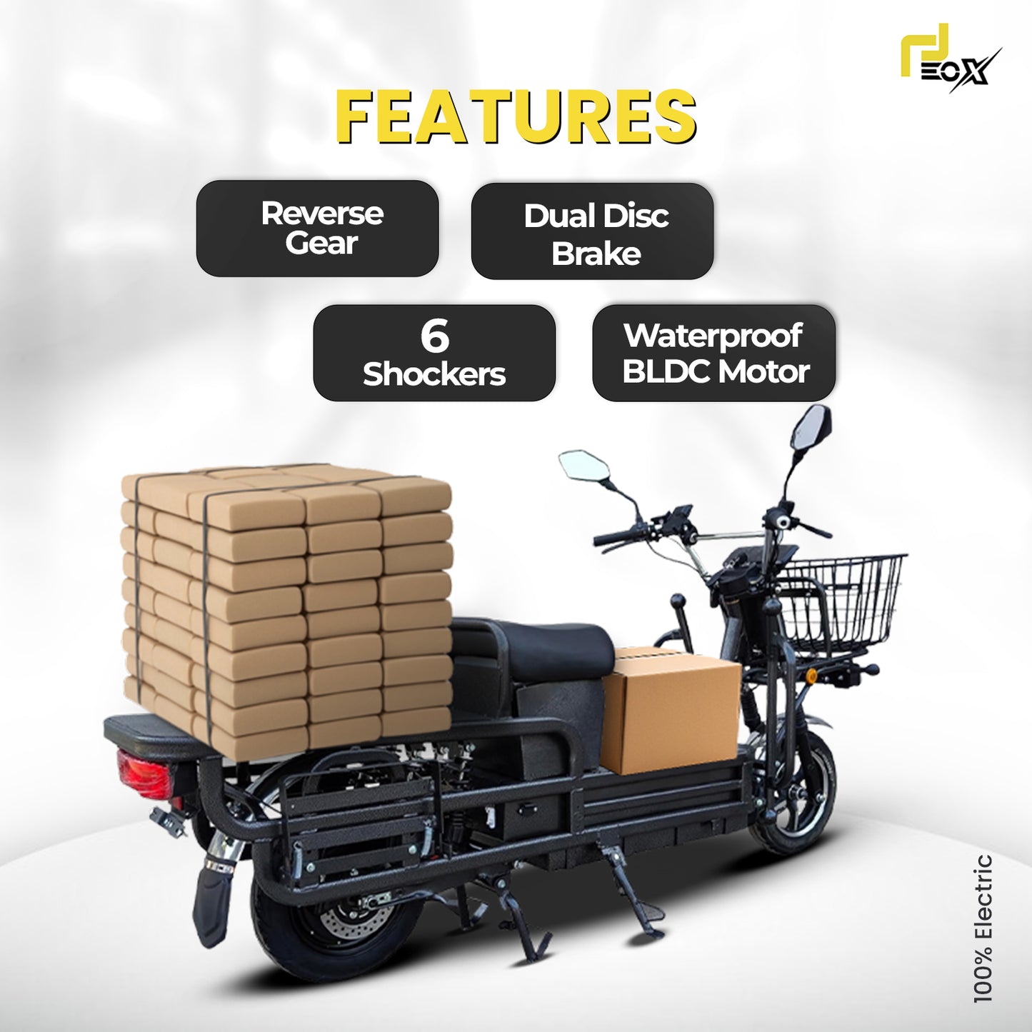 EOX E5 Plus Electric Cargo Scooter – 50–70 km Range, 25 km/h, 400 kg Capacity, Portable Lithium Battery