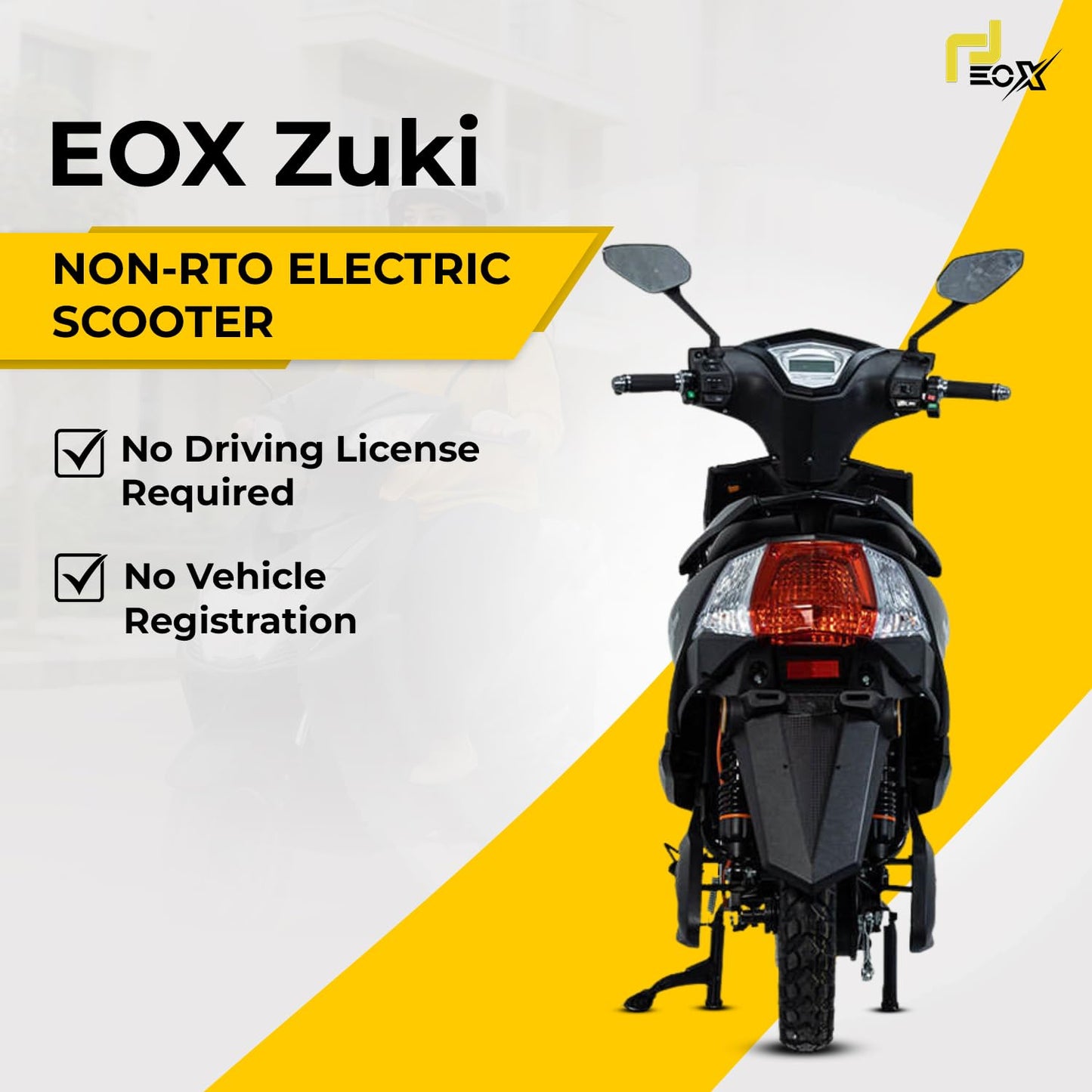 EOX Zuki Low Speed Electric Scooter Non RTO with 40-50Km Range, Portable Lithium Battery & Charger