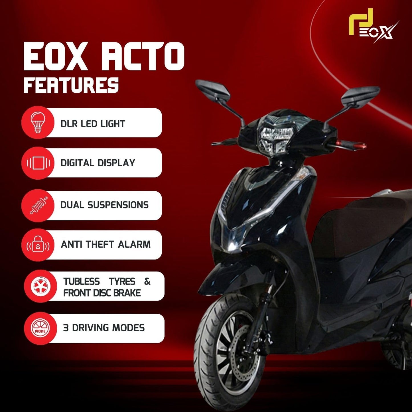 EOX Acto Low Speed Electric Scooter Non RTO with 60-80Km Range, Black Portable Lithium Battery & Charger