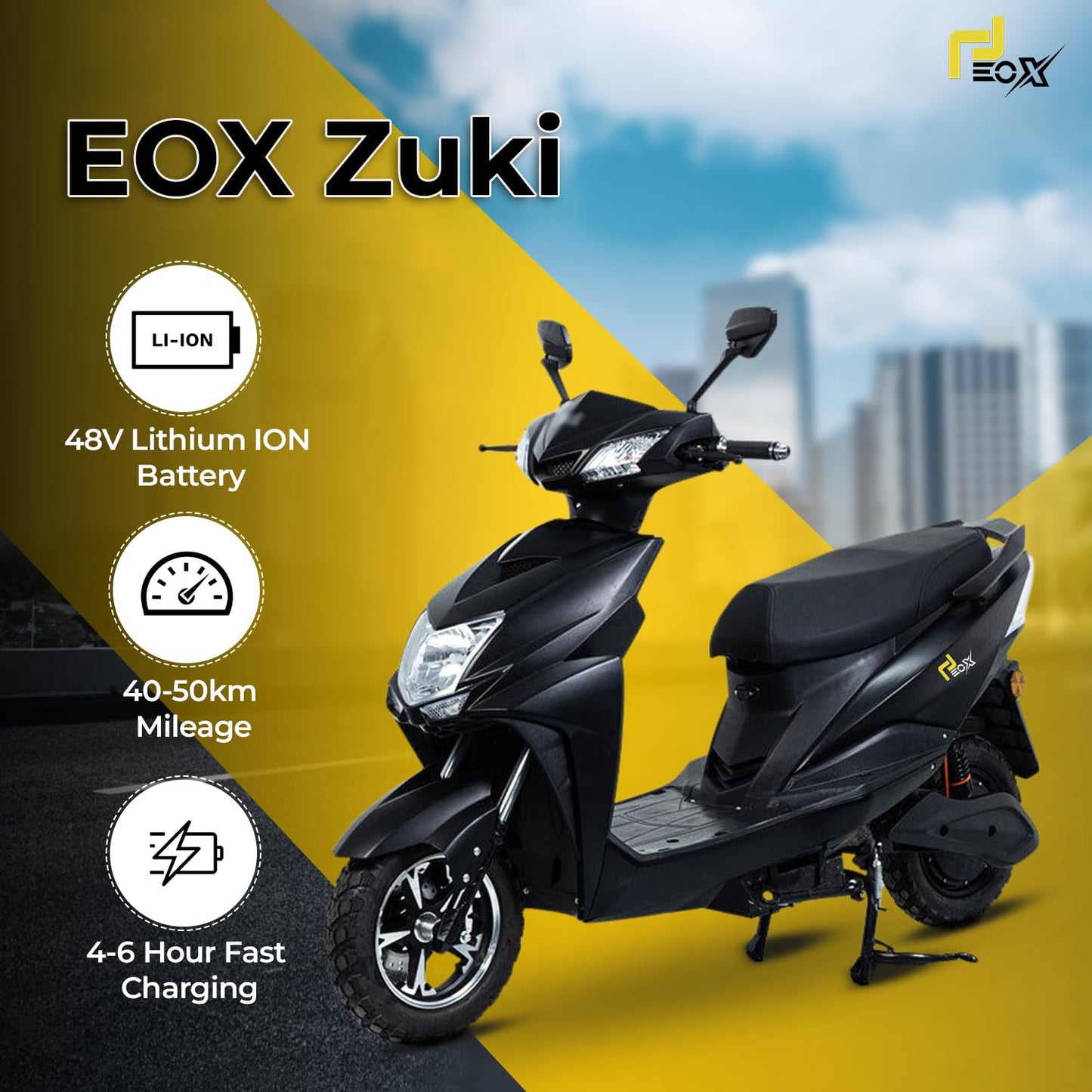 EOX Zuki Low Speed Electric Scooter Non RTO with 40-50Km Range, Portable Lithium Battery & Charger