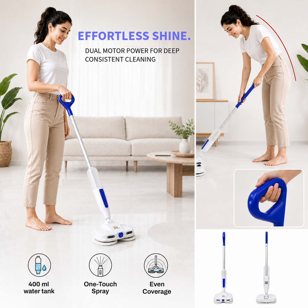 EOX KILLEAN EX4000 Cordless Electric Spin Mop for Home | Wet & Dry Floor Cleaner | Dual Motor, Self-Propelled, 400 ml Water Tank, LED Headlights, One-Touch Spray | Up to 60 Min Runtime
