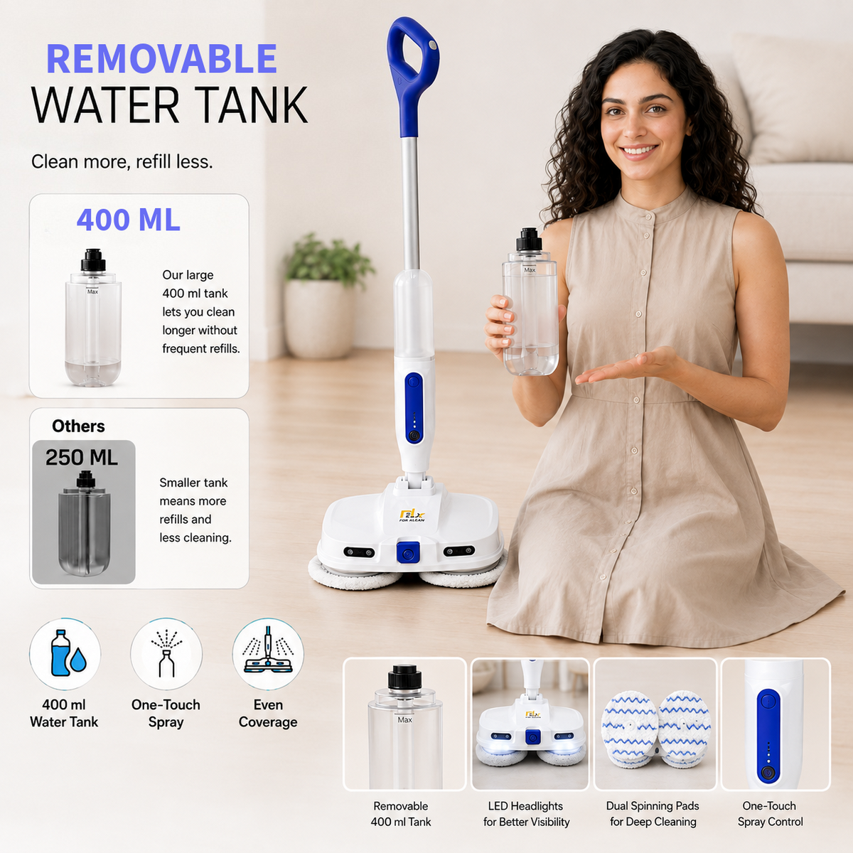 EOX KILLEAN EX4000 Cordless Electric Spin Mop for Home | Wet & Dry Floor Cleaner | Dual Motor, Self-Propelled, 400 ml Water Tank, LED Headlights, One-Touch Spray | Up to 60 Min Runtime