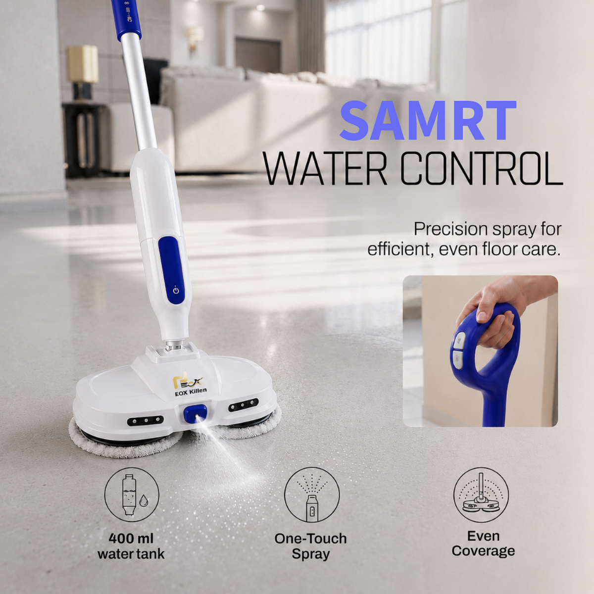 EOX KILLEAN EX4000 Cordless Electric Spin Mop for Home | Wet & Dry Floor Cleaner | Dual Motor, Self-Propelled, 400 ml Water Tank, LED Headlights, One-Touch Spray | Up to 60 Min Runtime
