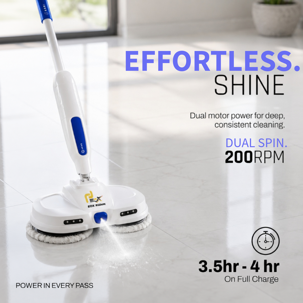 EOX KILLEAN EX4000 Cordless Electric Spin Mop for Home | Wet & Dry Floor Cleaner | Dual Motor, Self-Propelled, 400 ml Water Tank, LED Headlights, One-Touch Spray | Up to 60 Min Runtime