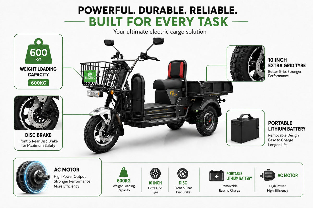 EOX E‑Horse Electric 3‑Wheel Cargo Scooter – 50–70 km Range, 25 km/h, 600 kg Capacity